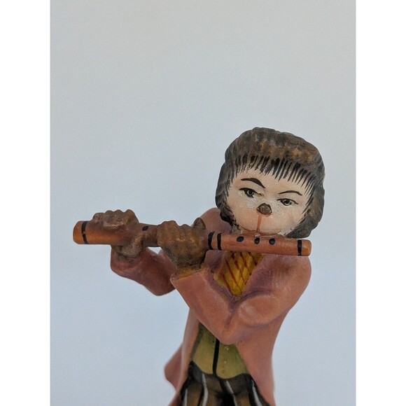 OTCO Designer Woodcarvings Hand Carved Man Playing Flute Figurine 4.5" - Picture 2 of 4